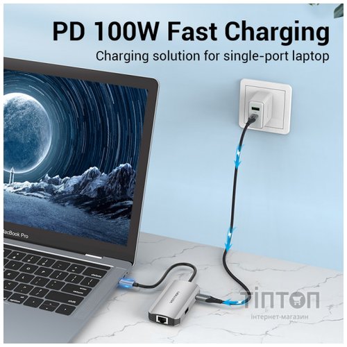 Концентратор Vention USB3.1 Type-C --> USB 3.0x3/RJ45 Gigabit/PD 100W Hub 5-in-1 (TNFHB)