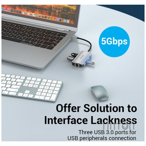 Концентратор Vention USB3.1 Type-C --> USB 3.0x3/RJ45 Gigabit/PD 100W Hub 5-in-1 (TNFHB)