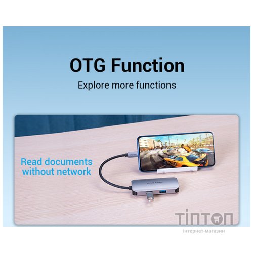 Концентратор Vention USB3.1 Type-C --> USB 3.0x3/RJ45 Gigabit/PD 100W Hub 5-in-1 (TNFHB)