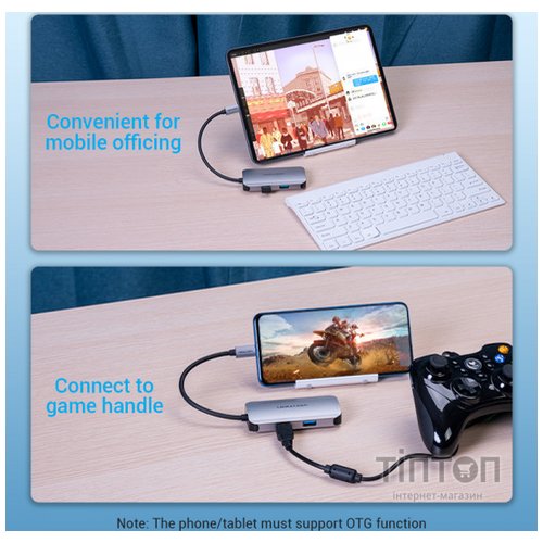 Концентратор Vention USB3.1 Type-C --> USB 3.0x3/RJ45 Gigabit/PD 100W Hub 5-in-1 (TNFHB)