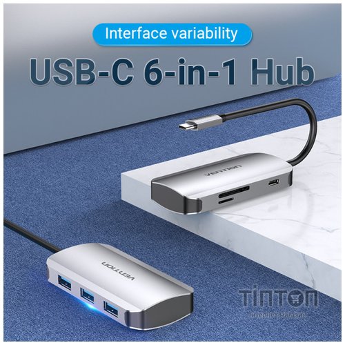 Концентратор Vention USB3.1 Type-C --> USB 3.0x3/SD/TF/PD 100W Hub 6-in-1 (TNHHB)