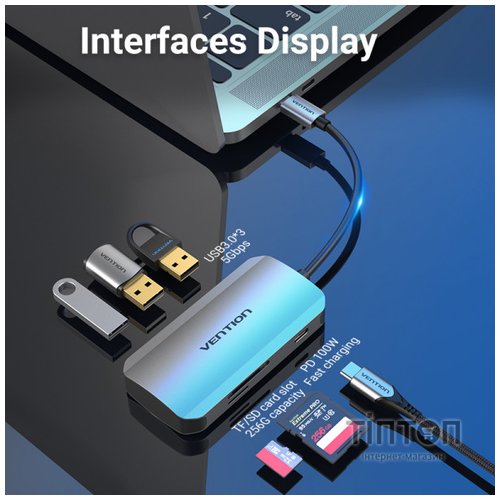 Концентратор Vention USB3.1 Type-C --> USB 3.0x3/SD/TF/PD 100W Hub 6-in-1 (TNHHB)