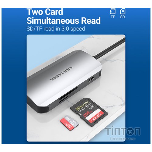 Концентратор Vention USB3.1 Type-C --> USB 3.0x3/SD/TF/PD 100W Hub 6-in-1 (TNHHB)