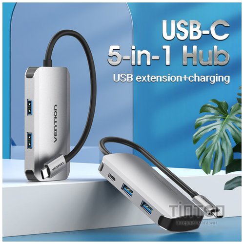 Концентратор Vention USB3.1 Type-C --> USB 3.0x4/PD 100W Hub 5-in-1 (TNBHB)