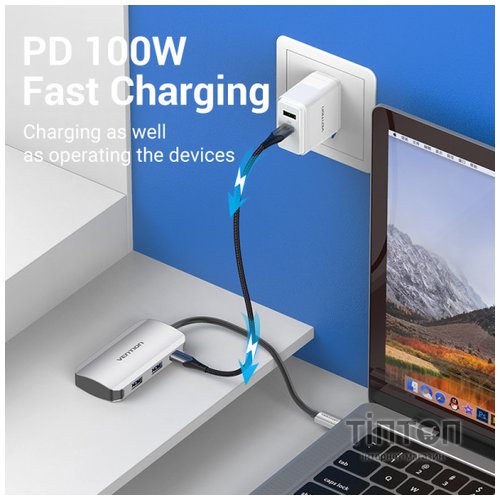 Концентратор Vention USB3.1 Type-C --> USB 3.0x4/PD 100W Hub 5-in-1 (TNBHB)