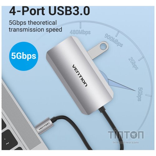 Концентратор Vention USB3.1 Type-C --> USB 3.0x4/PD 100W Hub 5-in-1 (TNBHB)