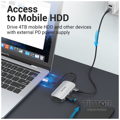 Концентратор Vention USB3.1 Type-C --> USB 3.0x4/PD 100W Hub 5-in-1 (TNBHB)