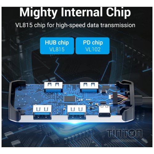 Концентратор Vention USB3.1 Type-C --> USB 3.0x4/PD 100W Hub 5-in-1 (TNBHB)