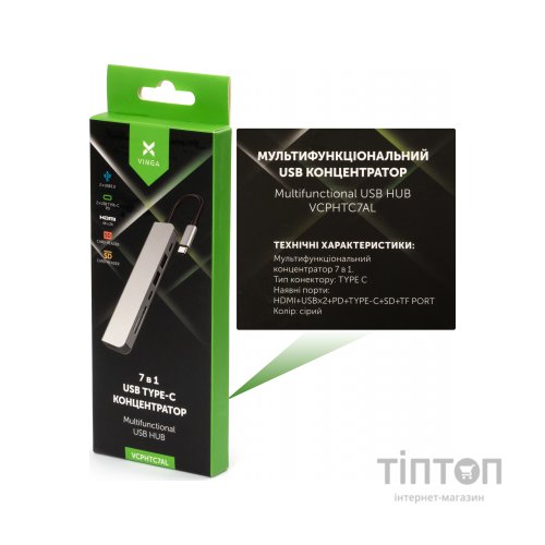 Концентратор Vinga Type-C to 4K HDMI+2*USB3.0+SD+TF+PD+USB-C 3.1 Gen1 aluminium (VCPHTC7AL)