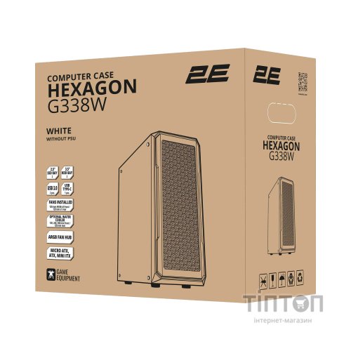 Корпус 2E Gaming Hexagon G338W, без БЖ, 2xUSB 3.0, 1xUSB Type-C, 1x120mm, 3x120mm ARGB, TG Side Panel, AT (2E-G338W)