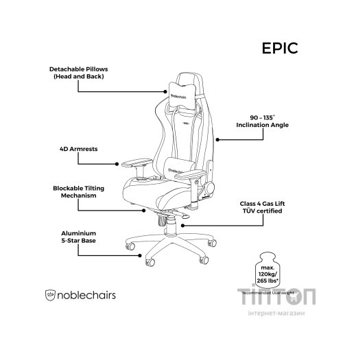 Крісло ігрове Noblechairs Epic Series Real Leather Black (NBL-RL-BLA-001)