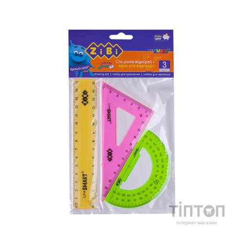 Лінійка ZiBi Комплект: лінійка 15 см, косинець, транспортир, неонового кольору, прозорі (ZB.5686)