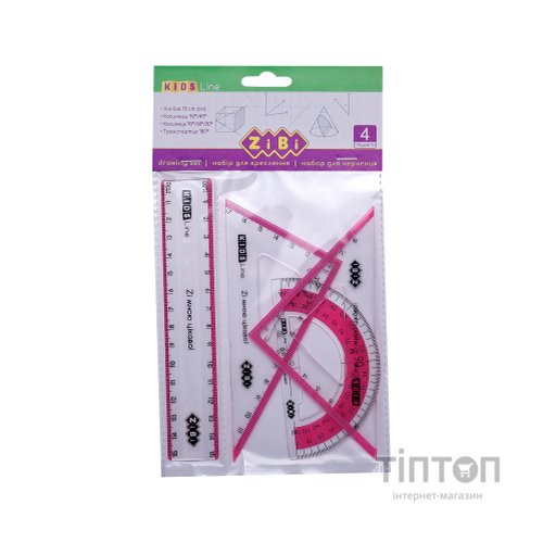 Лінійка ZiBi Комплект: Лінійка 15см, 2 косинця, транспортир, з рожевою смужкою (ZB.5687-10)