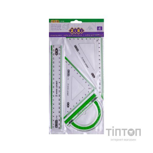 Лінійка ZiBi Комплект: лінійка 20см, 2 косинця, транспортир, з салатовою смужкою (ZB.5680-15)