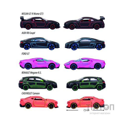 Машина Majorette Набір металевих Яскравий гонщик з неоновими елементами 7.5 см, 5 штук (2053179)