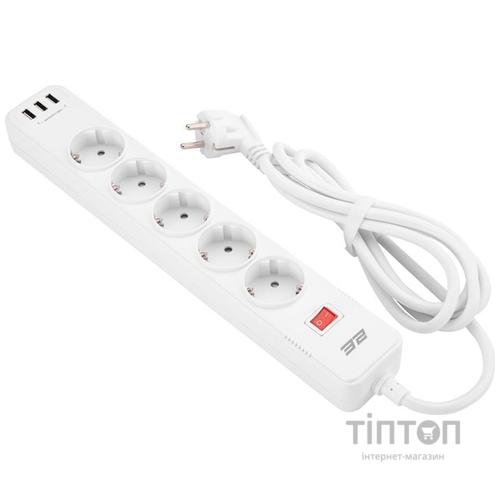 Мережевий фільтр живлення 2E 5XSchuko, 3G*1.5мм, 3*USB-A, 2м, white (2E-SP515M2USBWH)