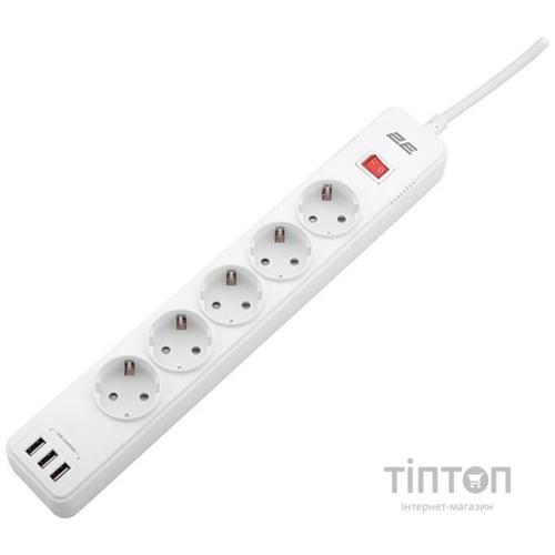 Мережевий фільтр живлення 2E 5XSchuko, 3G*1.5мм, 3*USB-A, 2м, white (2E-SP515M2USBWH)