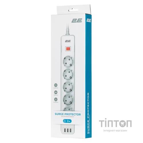 Мережевий фільтр живлення 2E 5XSchuko, 3G*1.5мм, 3*USB-A, 2м, white (2E-SP515M2USBWH)