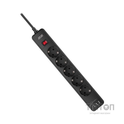 Мережевий фільтр живлення 2E 5XSchuko, 3G*1.5мм, 3*USB-A, 2м, black (2E-SP515M2USBBK)