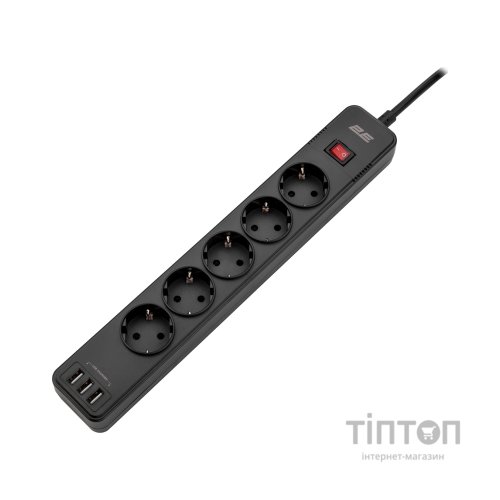 Мережевий фільтр живлення 2E 5XSchuko, 3G*1.5мм, 3*USB-A, 2м, black (2E-SP515M2USBBK)