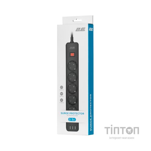 Мережевий фільтр живлення 2E 5XSchuko, 3G*1.5мм, 3*USB-A, 2м, black (2E-SP515M2USBBK)