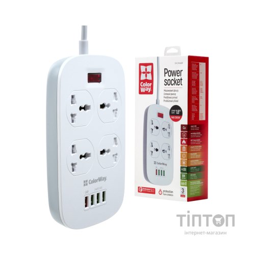 Мережевий фільтр живлення ColorWay 4 розетки/4USB White 1.8м (1QC3.0 + 3 AUTO ID) (CW-CHU44QW)