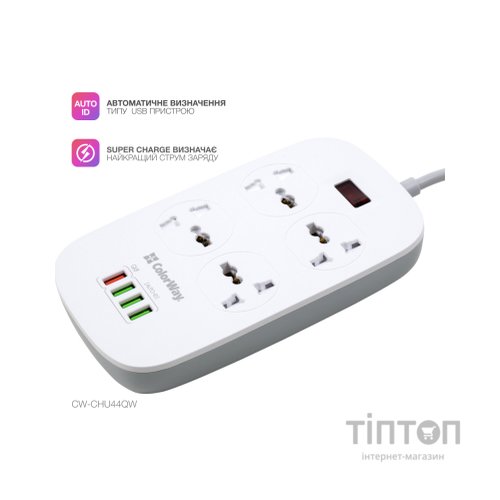 Мережевий фільтр живлення ColorWay 4 розетки/4USB White 1.8м (1QC3.0 + 3 AUTO ID) (CW-CHU44QW)