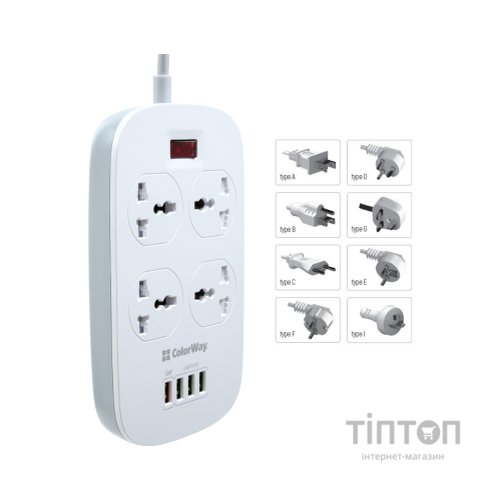Мережевий фільтр живлення ColorWay 4 розетки/4USB White 1.8м (1QC3.0 + 3 AUTO ID) (CW-CHU44QW)