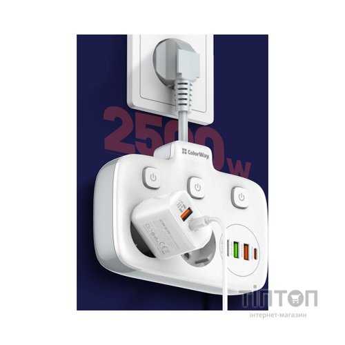 Мережевий фільтр живлення ColorWay CW-CHE24PDW 2 розетки/4USB (CW-CHE24PDW)