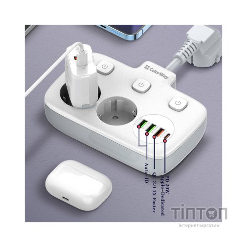 Мережевий фільтр живлення ColorWay CW-CHE24PDW 2 розетки/4USB (CW-CHE24PDW)