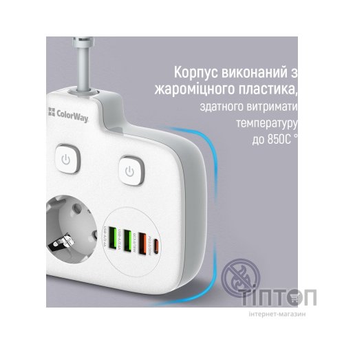 Мережевий фільтр живлення ColorWay CW-CHE24PDW 2 розетки/4USB (CW-CHE24PDW)