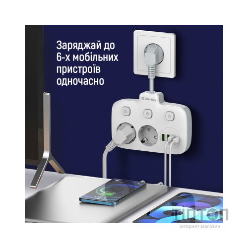 Мережевий фільтр живлення ColorWay CW-CHE24PDW 2 розетки/4USB (CW-CHE24PDW)