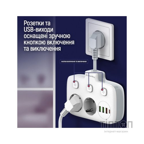 Мережевий фільтр живлення ColorWay CW-CHE24PDW 2 розетки/4USB (CW-CHE24PDW)