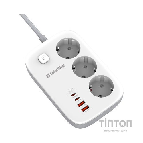 Мережевий фільтр живлення ColorWay CW-CHE34PDW 3 розетки/4USB (CW-CHE34PDW)