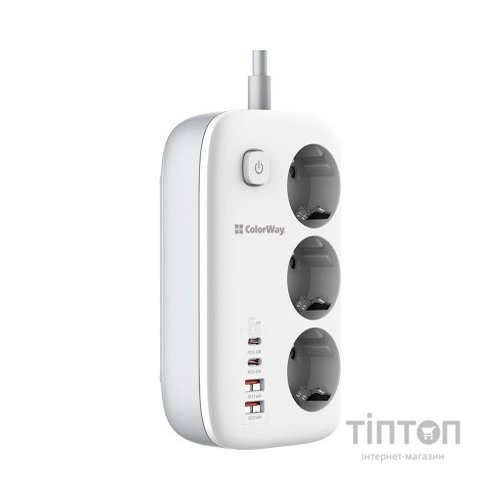 Мережевий фільтр живлення ColorWay CW-CHE34PDW 3 розетки/4USB (CW-CHE34PDW)