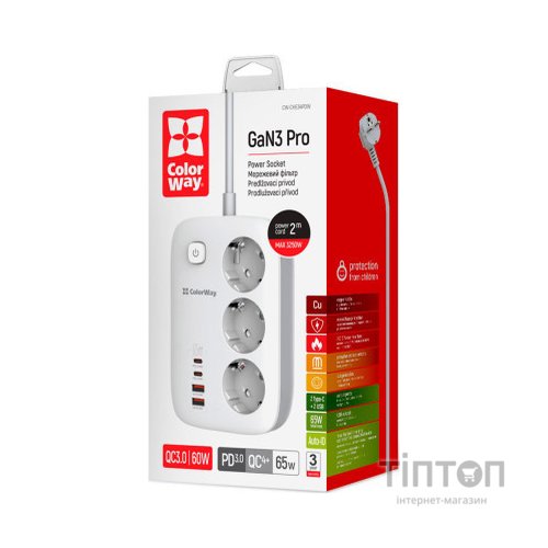 Мережевий фільтр живлення ColorWay CW-CHE34PDW 3 розетки/4USB (CW-CHE34PDW)
