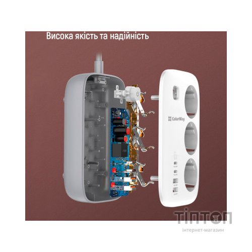 Мережевий фільтр живлення ColorWay CW-CHE34PDW 3 розетки/4USB (CW-CHE34PDW)