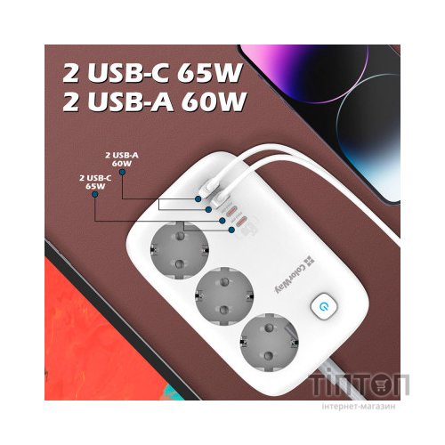 Мережевий фільтр живлення ColorWay CW-CHE34PDW 3 розетки/4USB (CW-CHE34PDW)