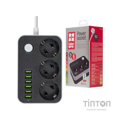 Мережевий фільтр живлення ColorWay CW-CHЕ36B, 3 розетки/6USB Black 1.8M (CW-CHE36B)