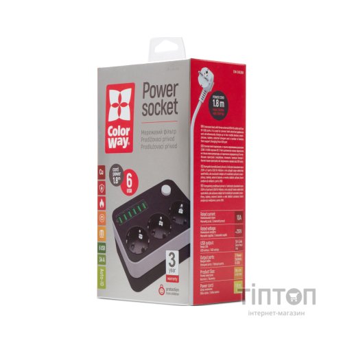 Мережевий фільтр живлення ColorWay CW-CHЕ36B, 3 розетки/6USB Black 1.8M (CW-CHE36B)