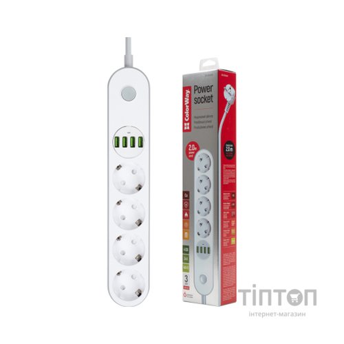 Мережевий фільтр живлення ColorWay CW-CHE44W, 4 розетки/4USB White 2M (CW-CHE44W)