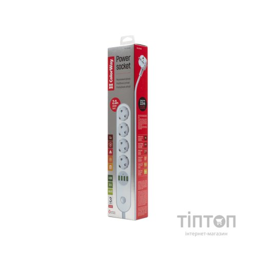 Мережевий фільтр живлення ColorWay CW-CHE44W, 4 розетки/4USB White 2M (CW-CHE44W)