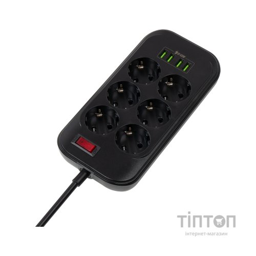 Мережевий фільтр живлення ColorWay CW-CHE64B, 6 розеток/4USB Black (CW-CHE64B)