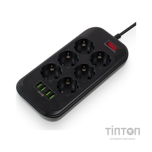 Мережевий фільтр живлення ColorWay CW-CHE64B, 6 розеток/4USB Black (CW-CHE64B)