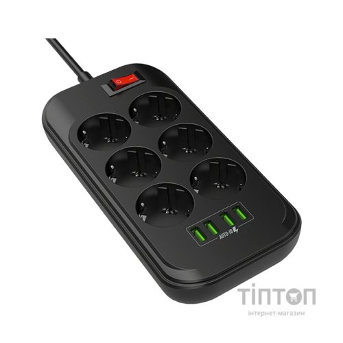 Мережевий фільтр живлення ColorWay CW-CHE64B, 6 розеток/4USB Black (CW-CHE64B)