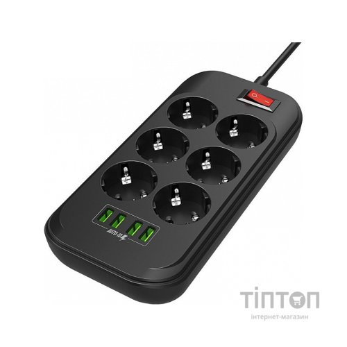 Мережевий фільтр живлення ColorWay CW-CHE64B, 6 розеток/4USB Black (CW-CHE64B)