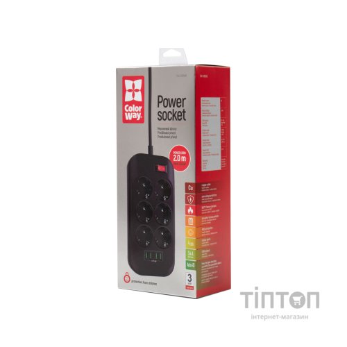 Мережевий фільтр живлення ColorWay CW-CHE64B, 6 розеток/4USB Black (CW-CHE64B)