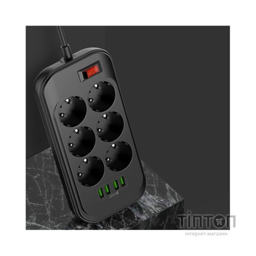 Мережевий фільтр живлення ColorWay CW-CHE64B, 6 розеток/4USB Black (CW-CHE64B)