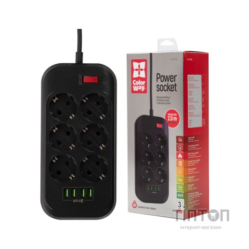 Мережевий фільтр живлення ColorWay CW-CHE64B, 6 розеток/4USB Black (CW-CHE64B)