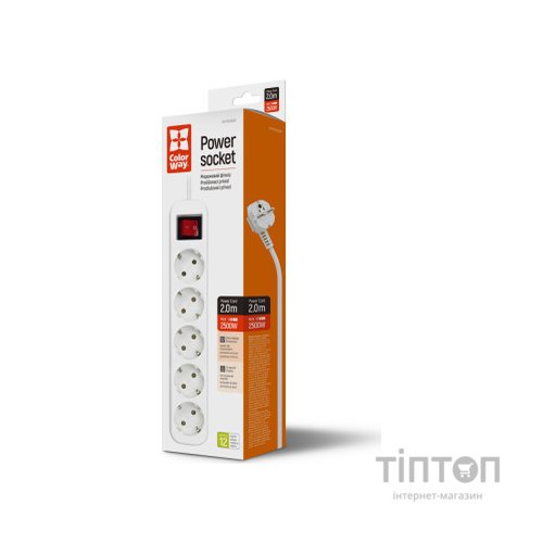Мережевий фільтр живлення ColorWay CW-PSEA52W, 5 розеток/ 2M white (CW-PSEA52W)